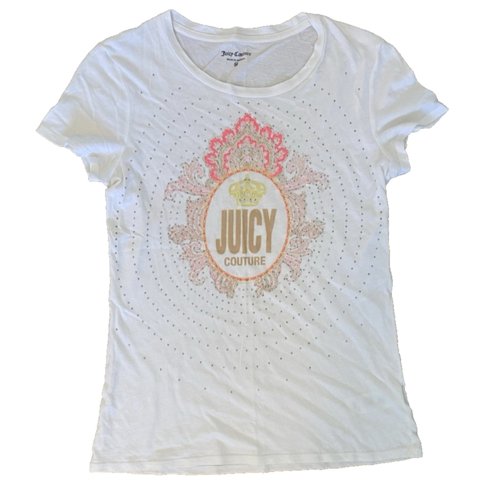 RARE‎ Y2K VINTAGE Juicy Couture Graphic Tee Shirt Cyrstals Logo White Sz M